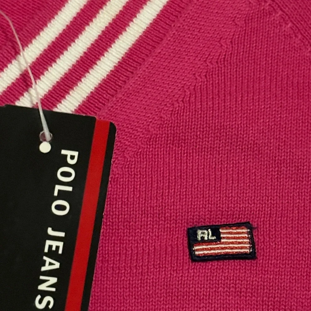 Polo by Ralph Lauren V-Neck Sweater Pink, White Stripes 100% Cotton Tenniscore - Picture 3 of 8